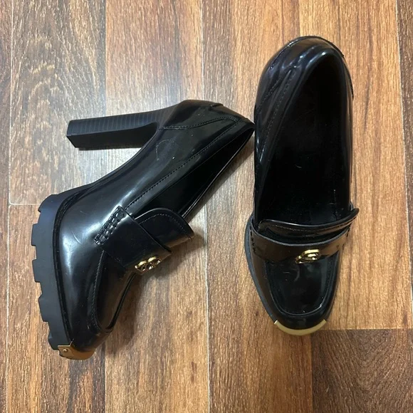 Karl Lagerfeld Black and Gold Heeled Loafers - Picture 3 of 4